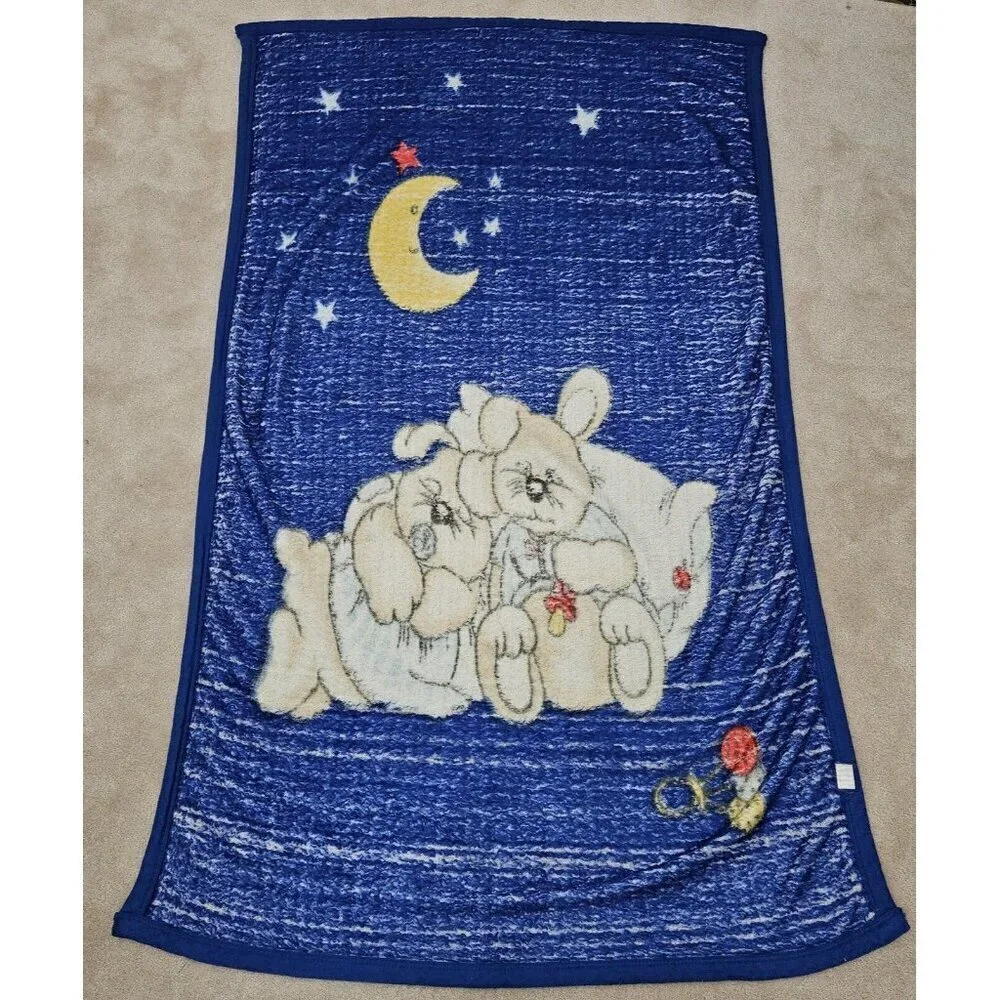 VTG Blue Blanket Sleeping Bunny Rabbits Moon Stars Rattle Acrylic Manterol? READ